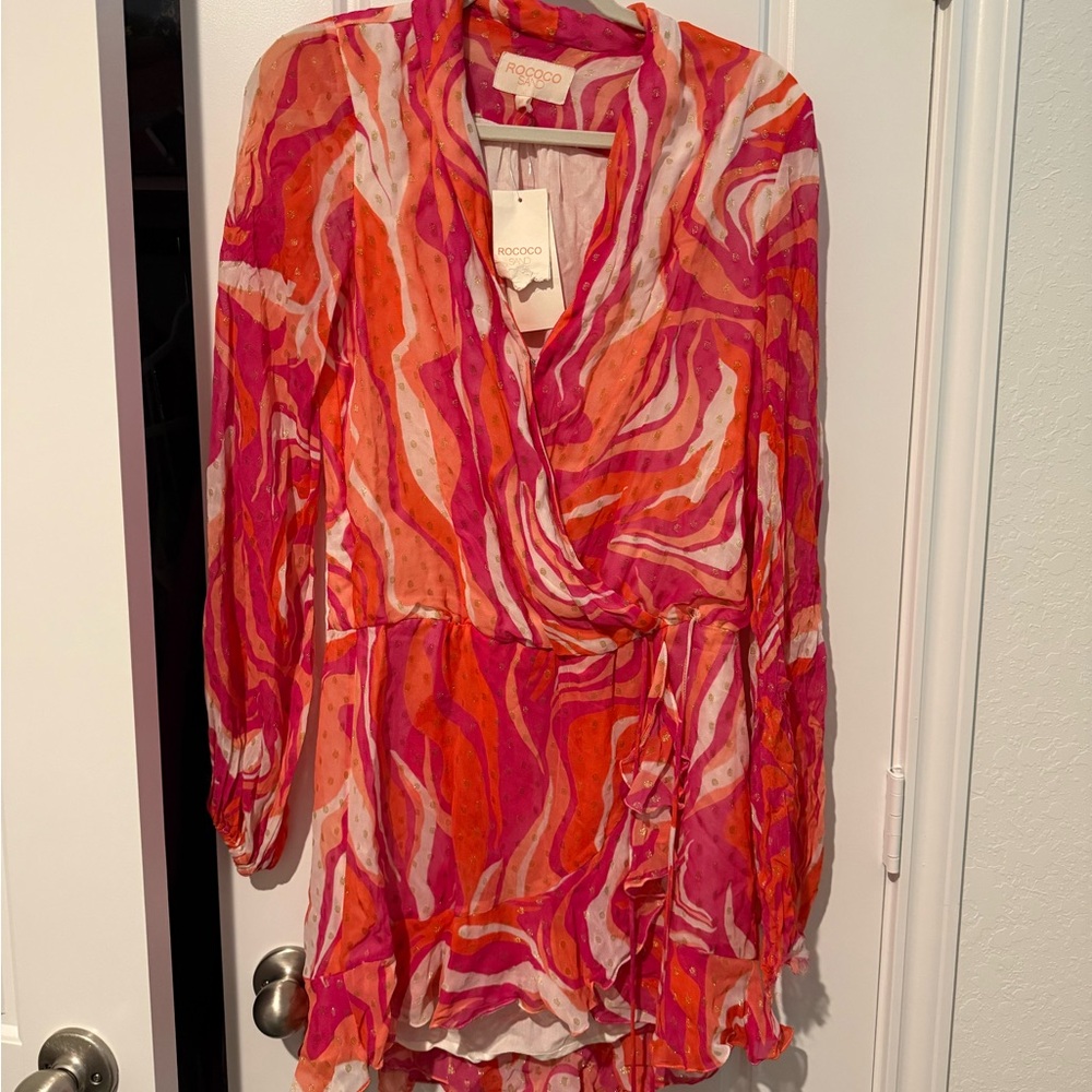 Rococo Sand Pink & Orange Swirl Wrap Mini Dress